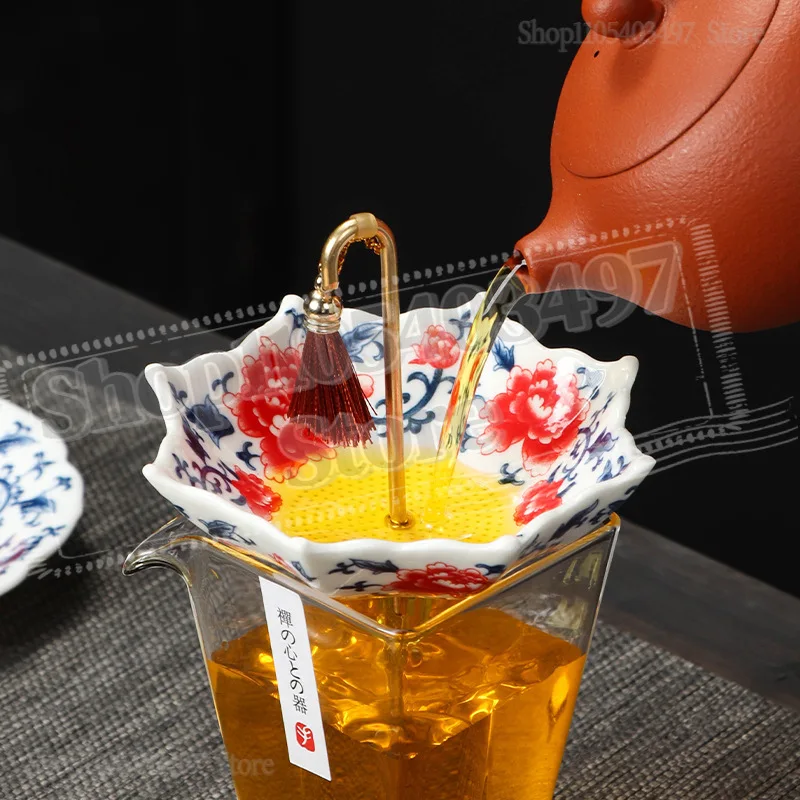 Umbrella Shape Ceramic Tea Strainer Chinese Blue&White Porcelain Loose Leaf Filter with Rotating Design Tea Infuser