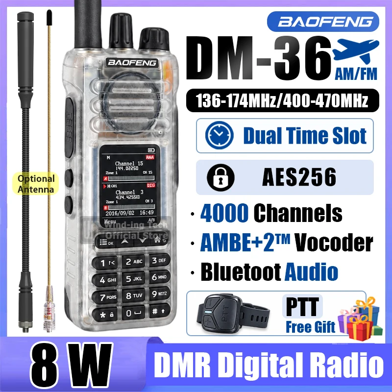 Baofeng DM-36 DMR 8W Walkie Talkie with PTT Ring Digital/Analog Mode Dual Time Slot Bluetooth Audio Program 4000CH Type-C Radio