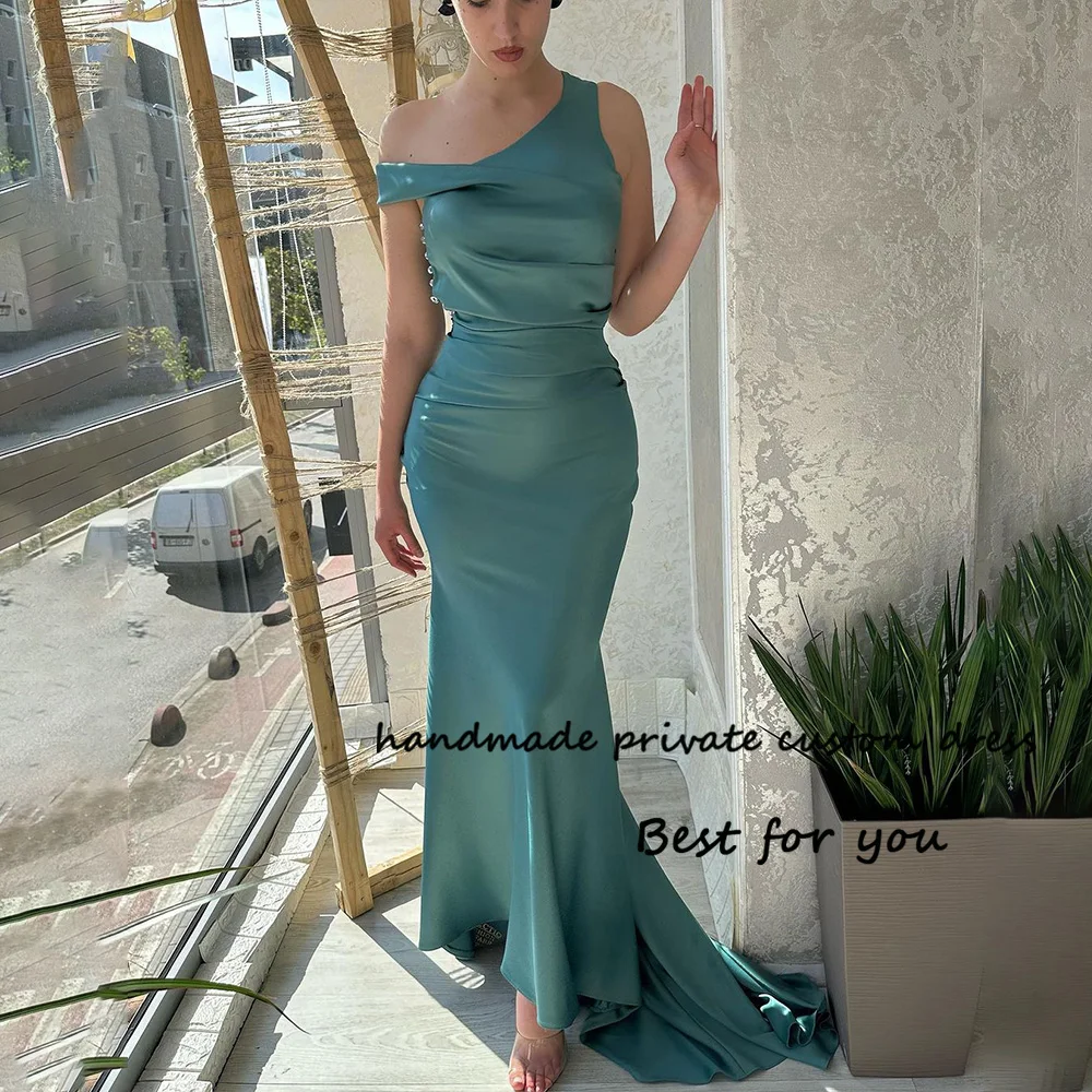 

Green One Shoulder Mermaid Evening Dresses Pleats Satin Bodycon Long Prom Party Dress with Train Formal Gowns