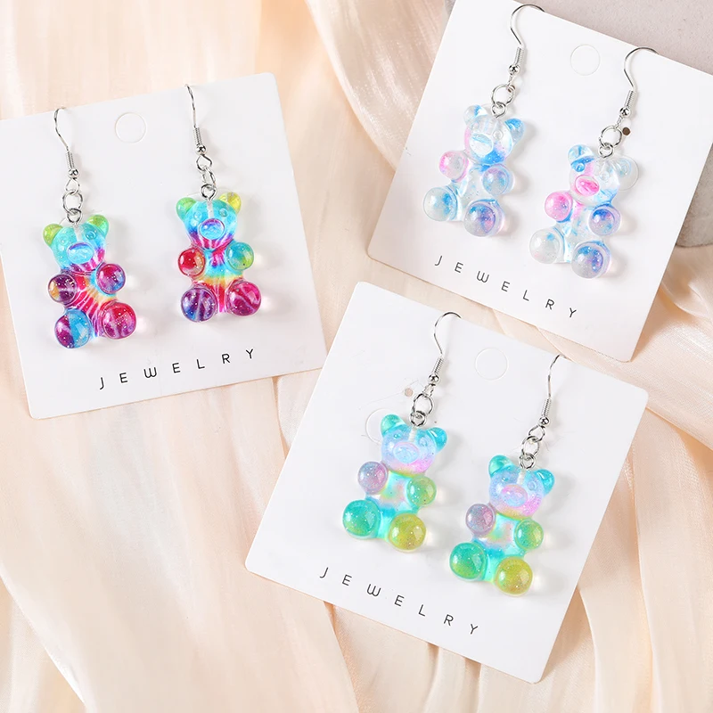 1Pair Resin Rainbow Gummy Bears Drop Earrings Cartoon Animal Crafts For Women Birthday Gift