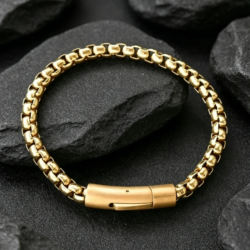 6mm Box Chain Bracelets for Men, Basic Punk Gold Silver Color Stainless Steel Links Wristband, Casual Male Jewelry 22cm Long
