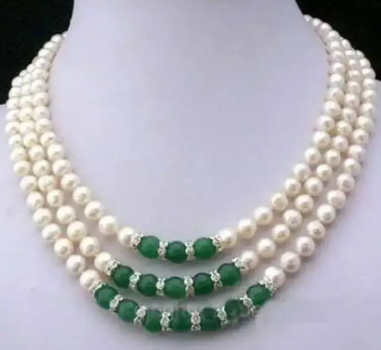 3Rows 7-8MM Real White Akoya Cultured Pearl & Green Jade Pendants necklace