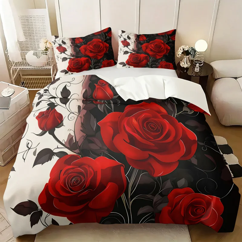 Black White Red Rose Print Duvet Cover Set Floral Bedding Set Soft Microfiber Comforter for Bedroom Decor Twin Full Queen King