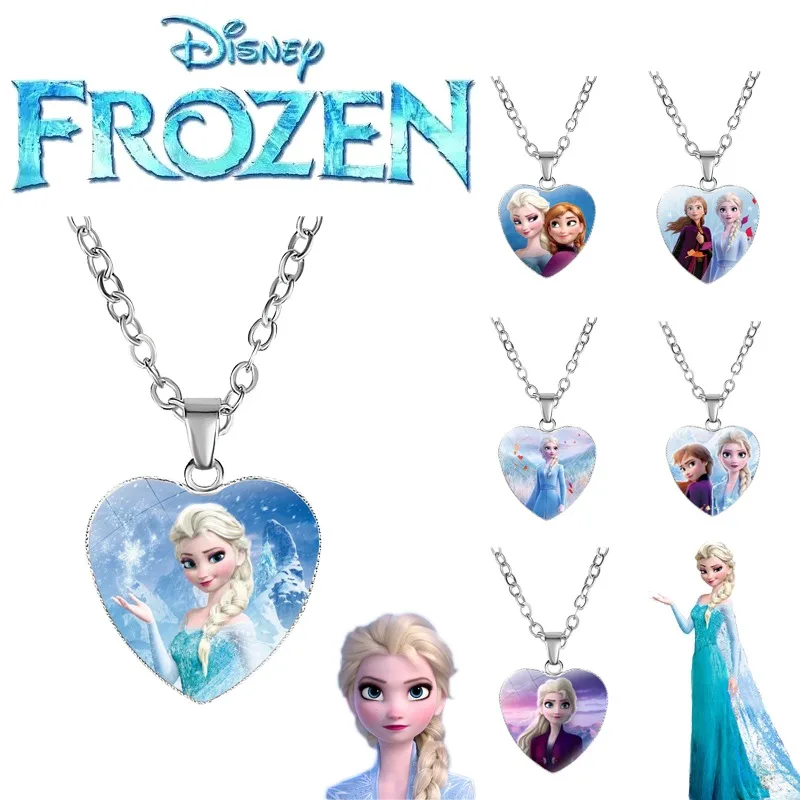 Disney Frozen Necklace Elsa Anna Princess Love Heart Shape Pendant Girl Cartoon Anime Figures Princess Accessories Children Gift