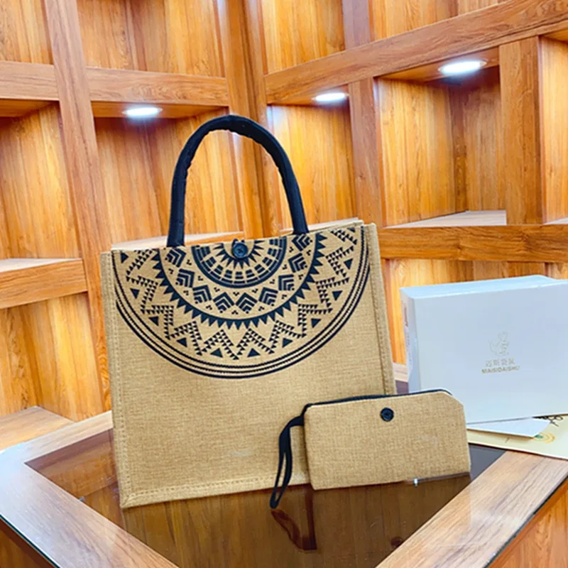 Tas Tote Linen 2 buah tas tangan kanvas kapasitas besar tas belanja tas Makeup dompet koin untuk hadiah ulang tahun pernikahan liburan pantai