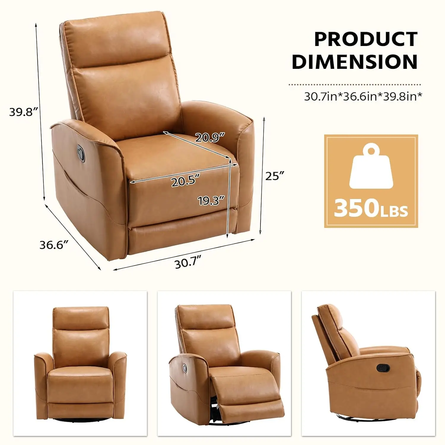 Manual Faux Leather Swivel Rocker Recliner Set of 2, 360° Glider with Storage Pocket for Nursery Living Room, Customized