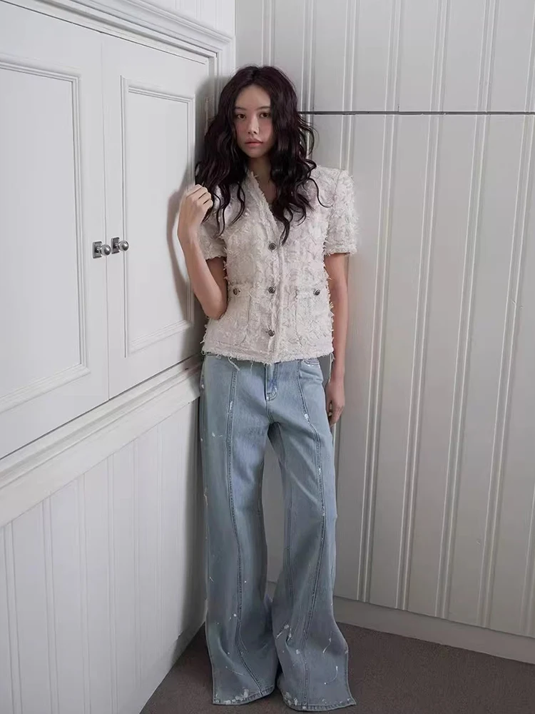 

Liangliang Home Fraant Tassel Suit Jaet Women's Summer New High Quali Ele Thin Stripe Versatile Top