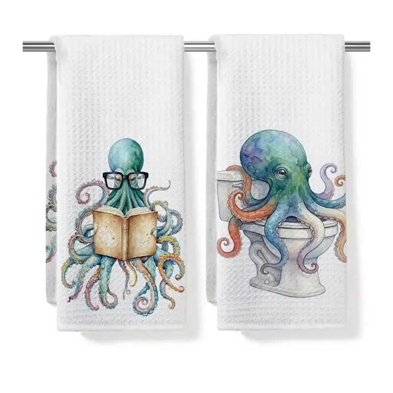 Pack of 2, rustic towels with vintage octopus print, dish towels, hand towels, modern art kitchen decorative towels