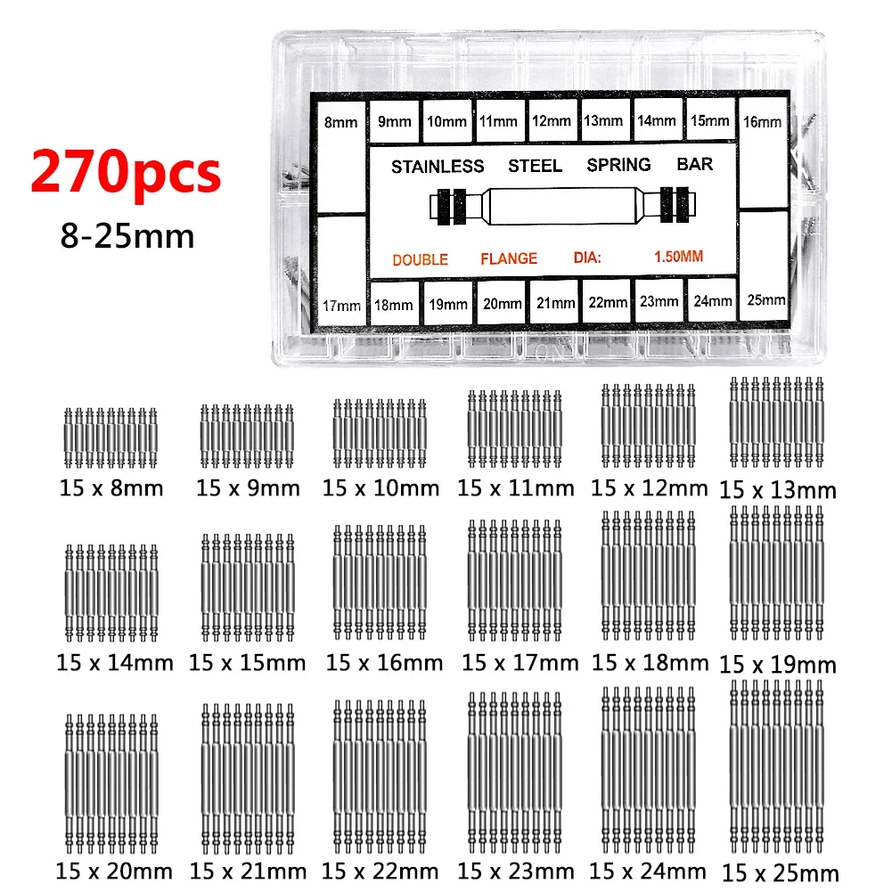 

Steel Watch Spring Bar Pins 8mm-25mm Stainless Tool Replacement Diameter 1.5mm Watchbands Strap Link Pin 144/270/360Pcs