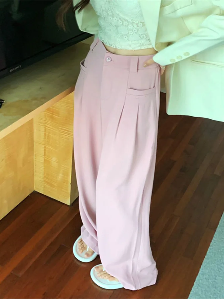 

Autumn Women New High Waist Solid Color Pleated Vintage Sweatpants Loose Wide Leg Straight Cylinder Mopping Lady Trousers