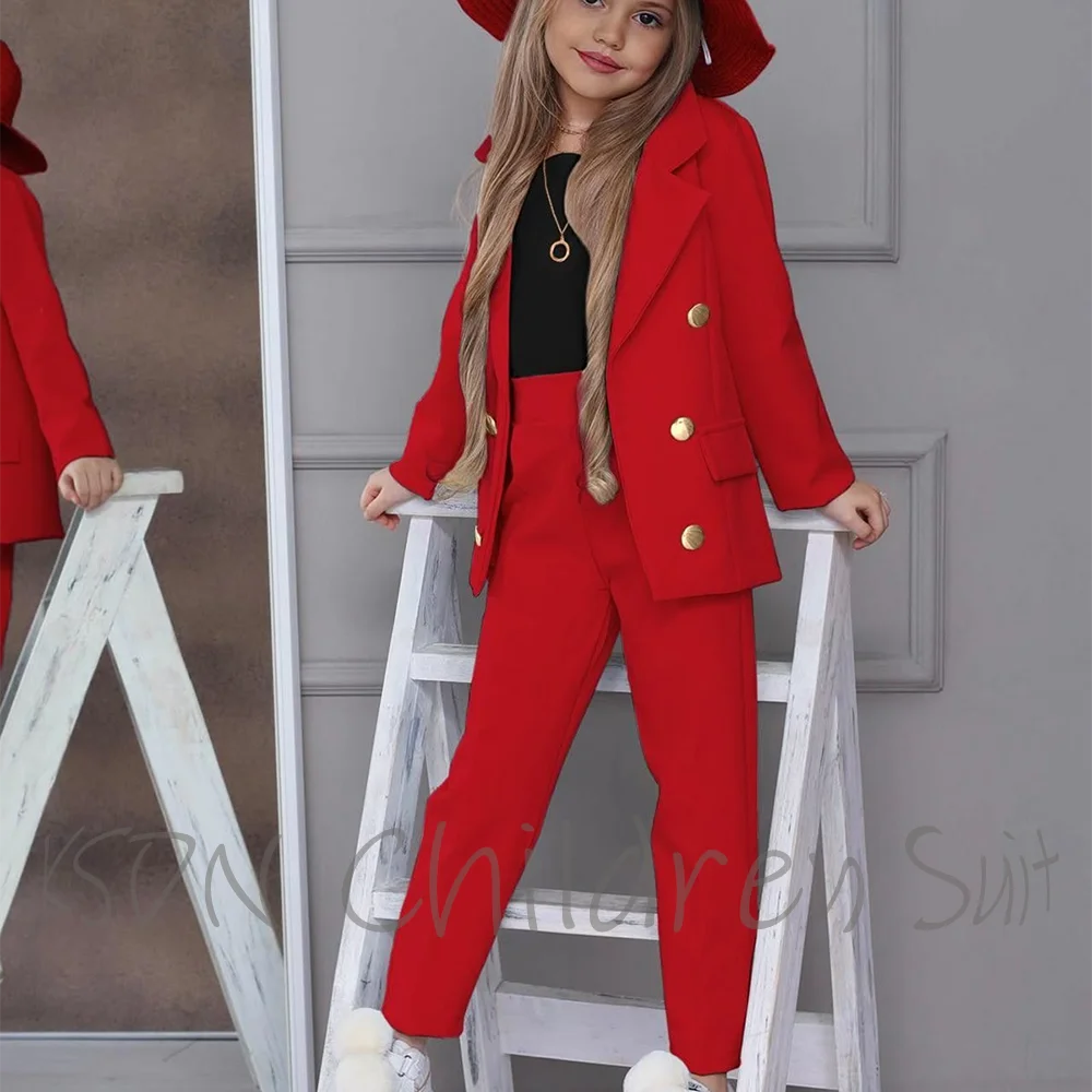 2026 New Kids Clothes For Girls Red Notch Lapel Casual Autumu Children Set Costume Loungewear Daily Outfit(Jacket+Pants)