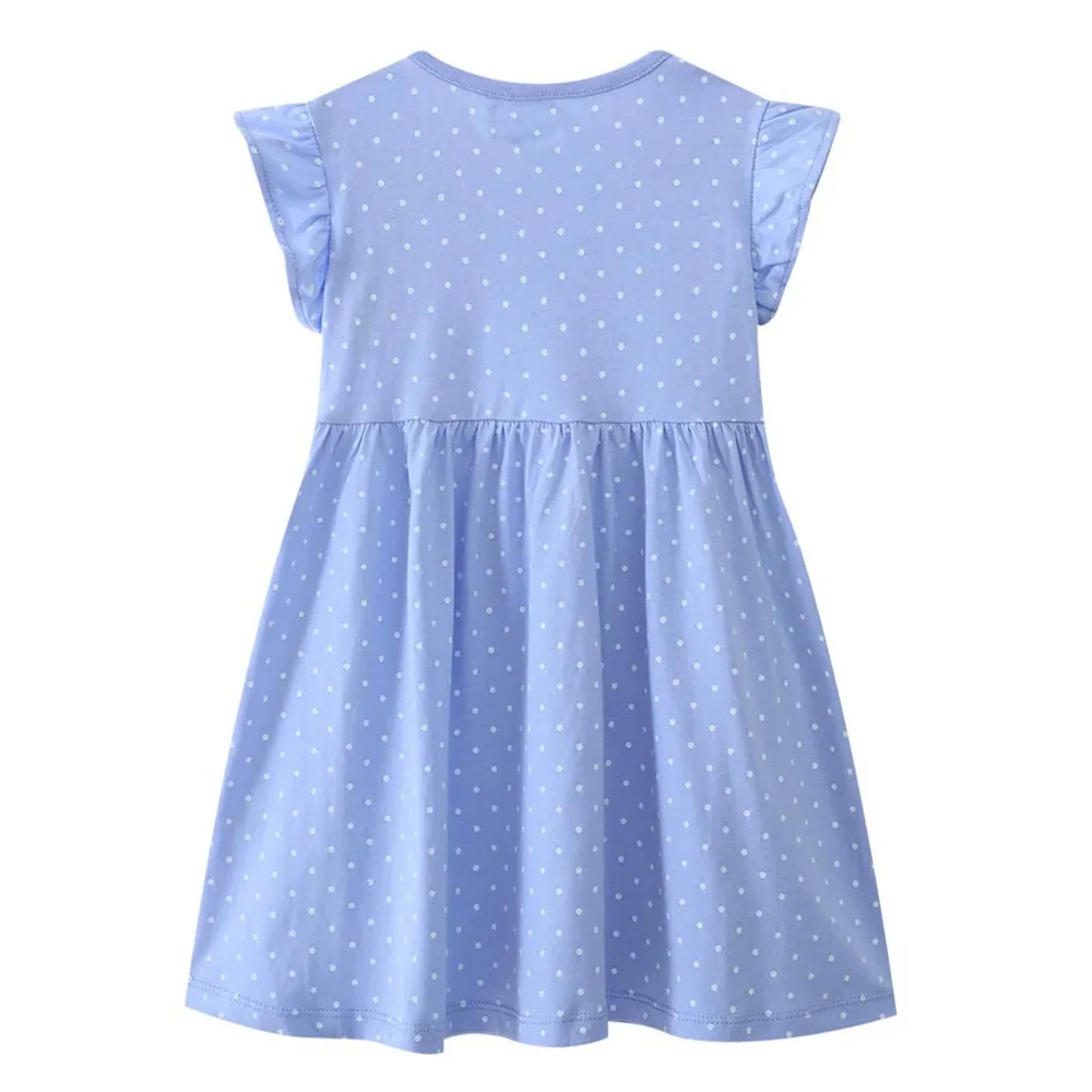 VIKITA Girls Cotton Blue Polka Dot Dress Kids Flower Bunny Appliqued Flare Sleeve Summer Casual Straight Princess School Dresses