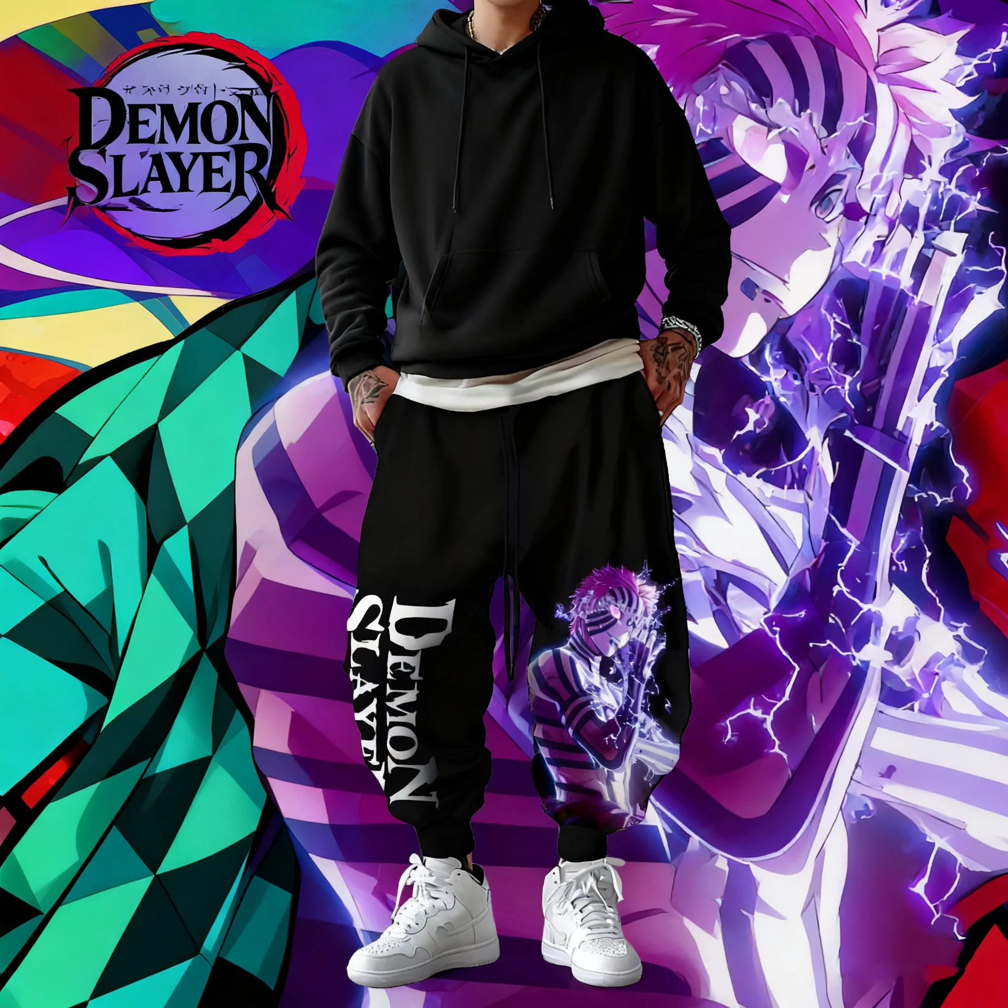 Spodnie z nadrukiem postaci z anime Demon Slayer Komatsu, nowość na jesień/zimę 2025, luźne spodnie sportowe z bawełny w stylu hip-hop dla kobiet i mężczyzn.