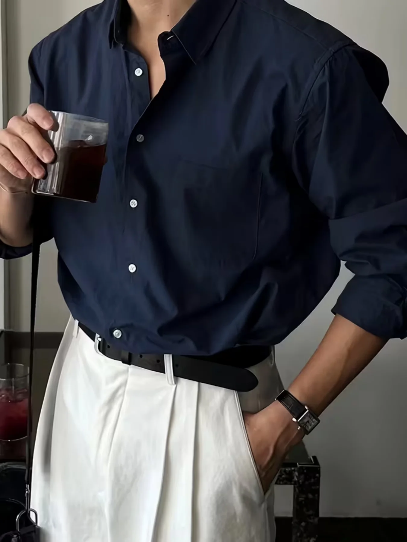 

Men's Premium Textured Linen Blend Mandarin Collar Shirt, Contrast Button & Chest Pocket Detail, Elevated Resort & Beach Wear