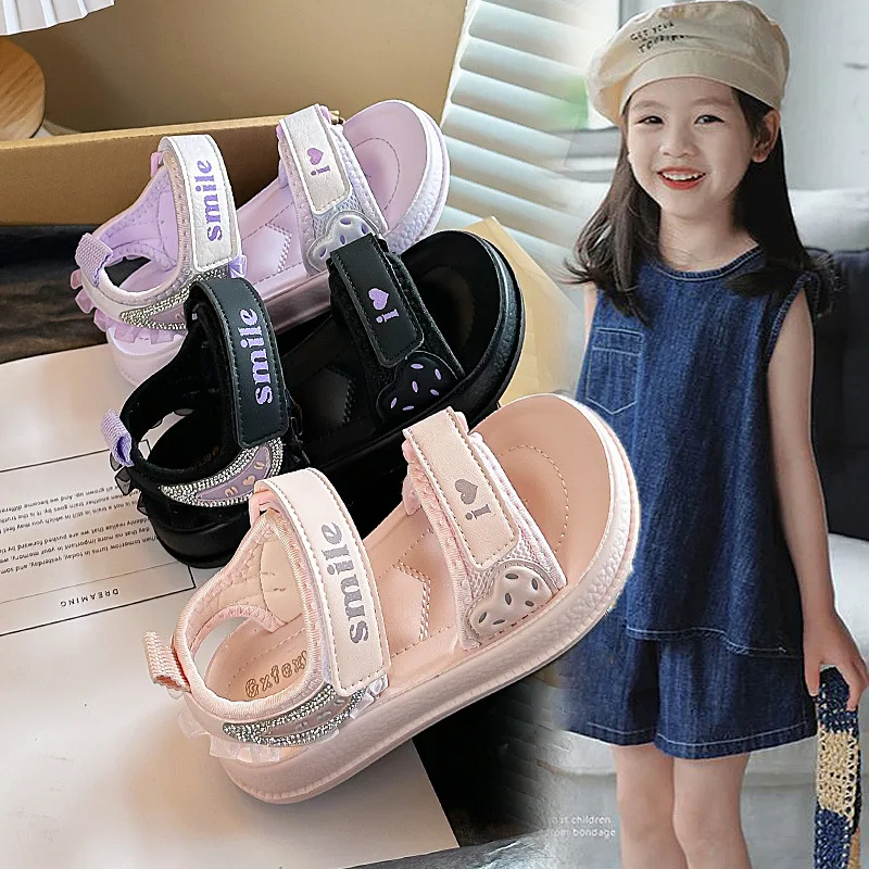 Girls Beach Shoes Sweet Open Toes Kids Princess Sandals Soft Sole 2026 Summer New Children Casual Shoes Comfortable Non-slip