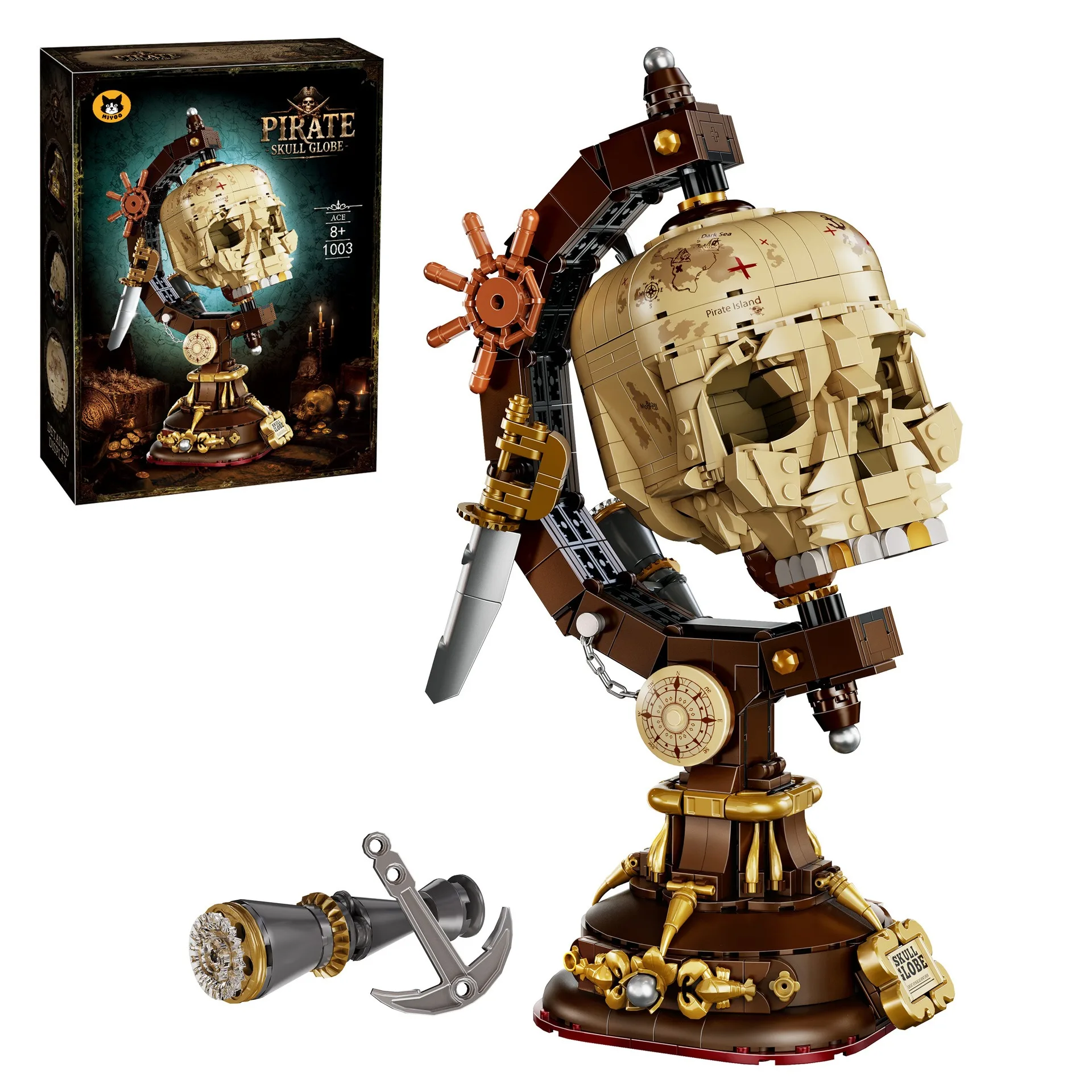 Pirate Skull Globe Building Blocks Assembled DIY Science and Education Toy Model Funny Ornaments Halloween Gifts