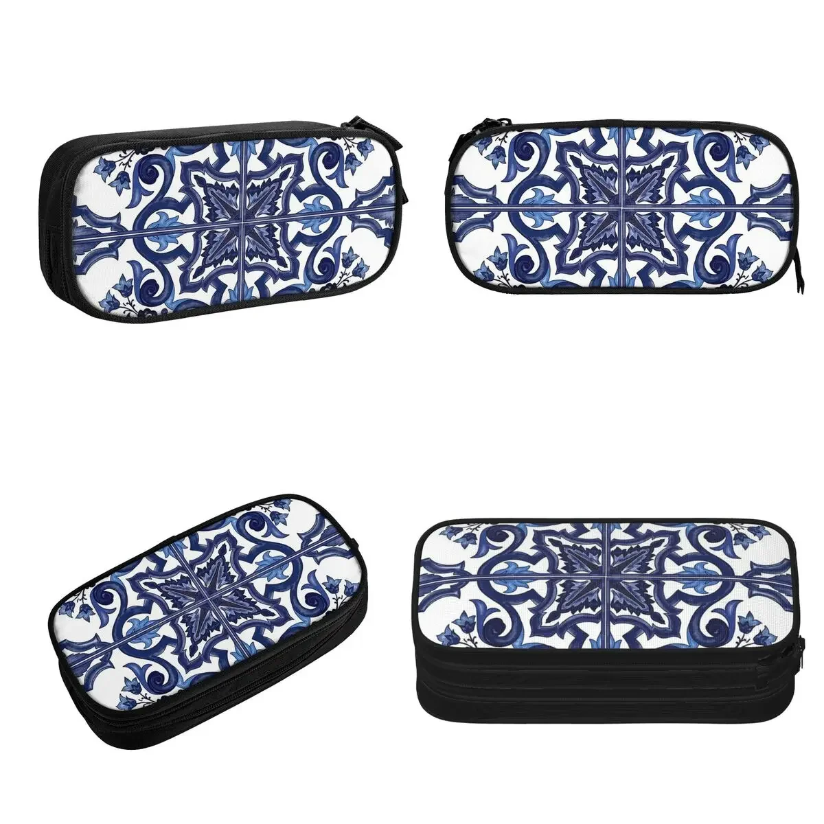 Blue Ornate Floral Mediterranean Sicilian Tile Pencil Cases Large Capacity Pen Bags Pen Box Pencil Pouch For Boys Girls Students