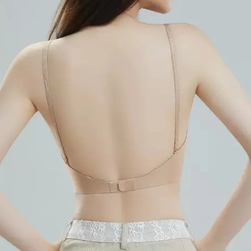 Sexy und heißer, nahtloser Damen-Unterwäsche-BH mit dünnen Trägern und rückenfreiem, U-förmigem, bügellosem Push-up-BH für einen schönen Rückenausschnitt.