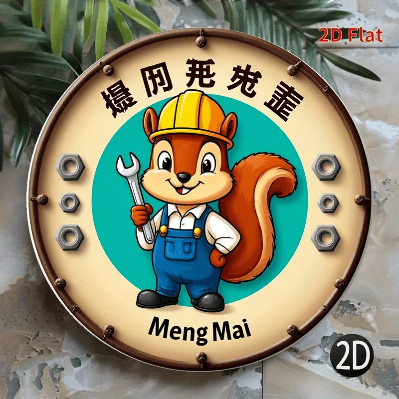 مسطح ثنائي الأبعاد - قطعة واحدة من لافتة ألومنيوم مستديرة مقاس 8 × 8 بوصة - ديكور حائط كرتوني على شكل سنجاب ساحر مع خلفية خضراء ريفية، مثالي #6