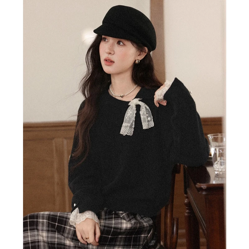 ALXNAN Black Sweater Autumn New Casual Lace Stitching Elegant Sweet Sweaters 2025 Fall Casual Loose-fit Long Sleeve Tops L57319