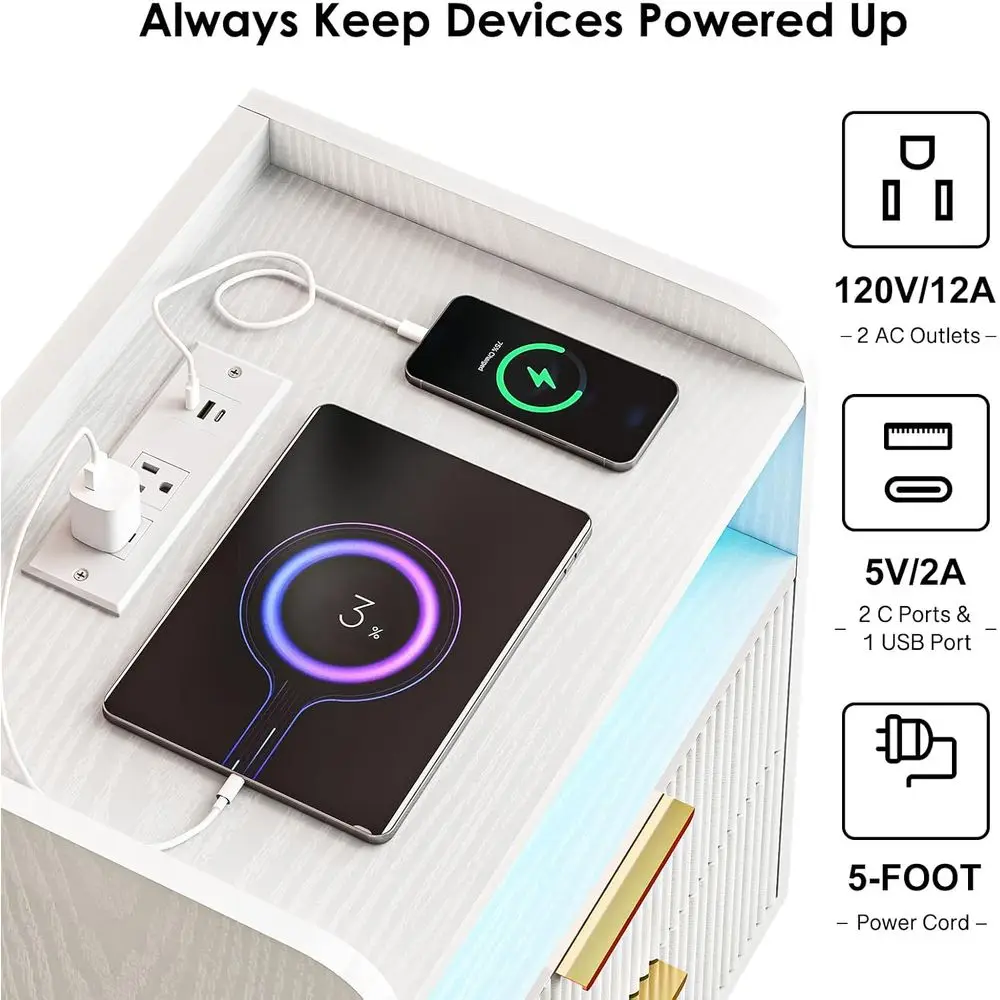 Table de chevet LED moderne avec station de recharge et 2 tiroirs pour chambre à coucher, 15,7 x 11,8 x 25,6 pouces