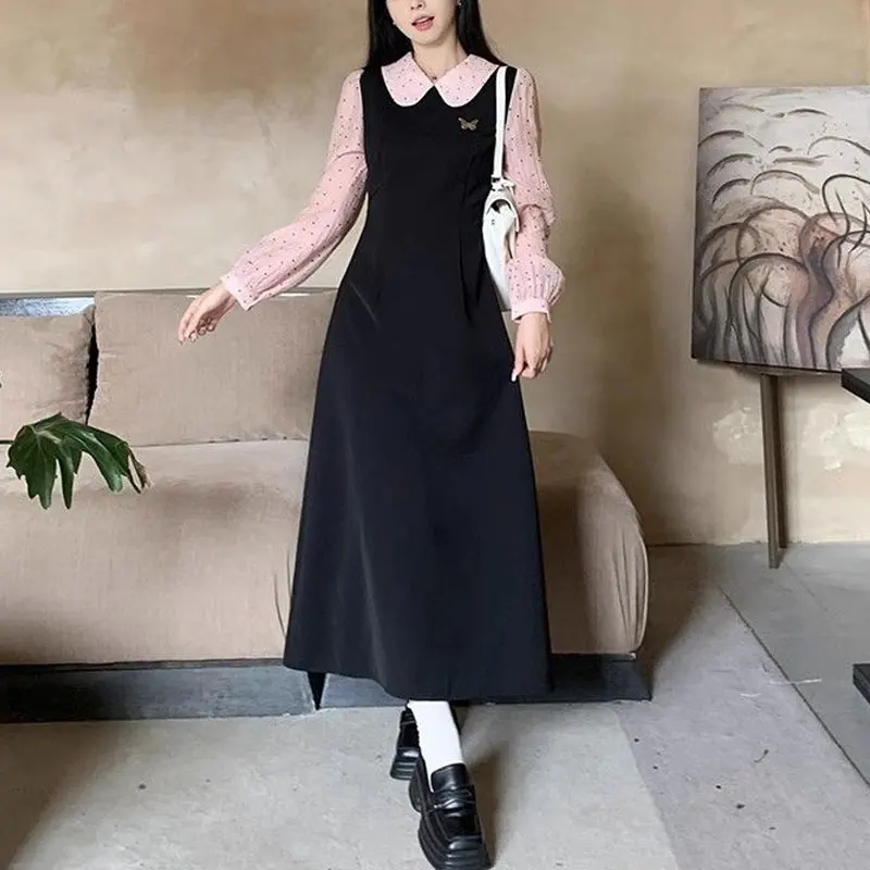 French Style Polka Dot Dresses Patchwork Female Clothing Doll Collar Spring Autumn Aura Stylish A-Line Waist Commute Midi Dress