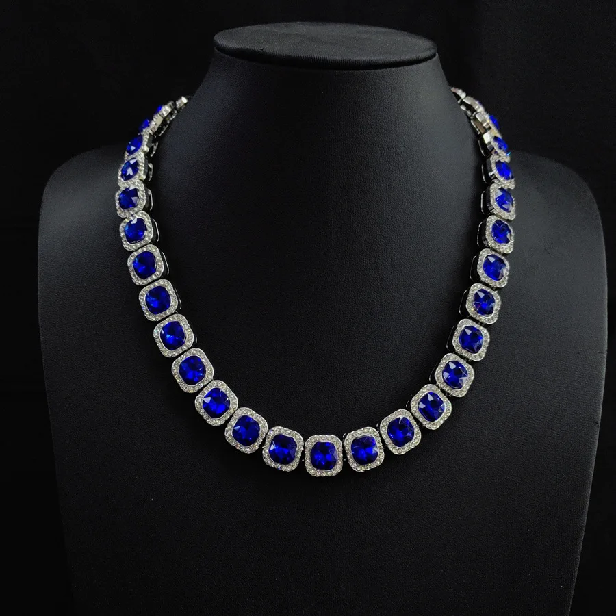 DIY accessories Cross-border square sapphire personalized diamond necklace alloy high-grade rock sugar diamond necklace men's an