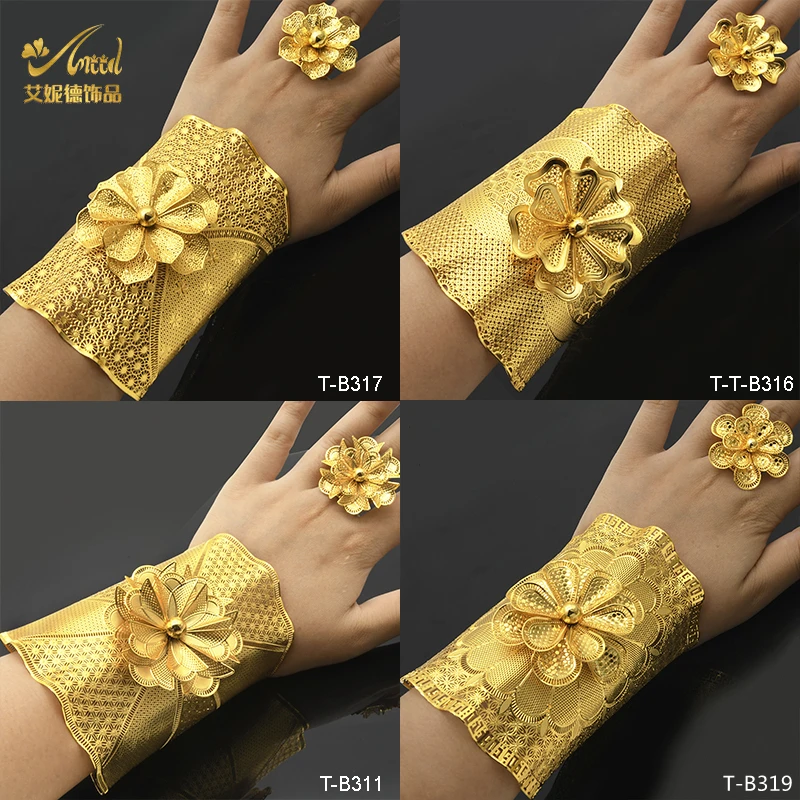 ANIID Dubai Wholesale Gold Color Bangles With Ring For Women Indian Charm Bracelet Jewellery Arabic Wedding Party Banquet Gifts