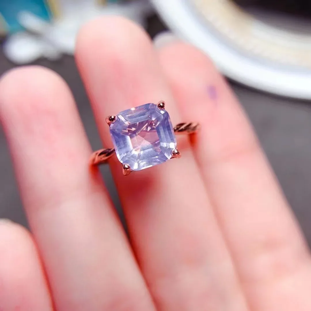 100% Natural Amethyst Ring 8mm*8mm 2ct Lavender Amethyst 925 Silver Ring Simple 18K Gold Plating Crystal Jewelry