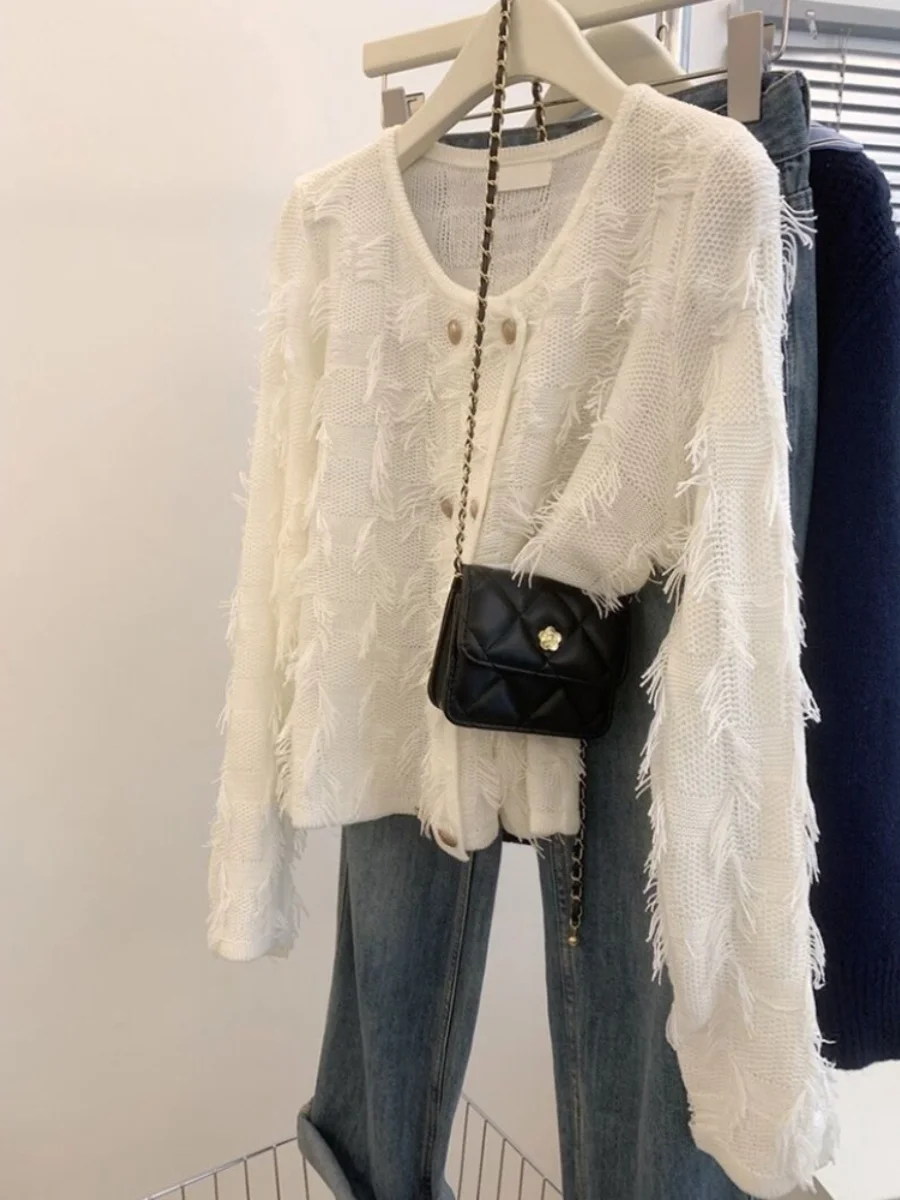 

Вязаный кардиган Ele для женщин, повседневный, из мягкой ткани, с бахромой, осенний, в стиле нежного китайского шик...