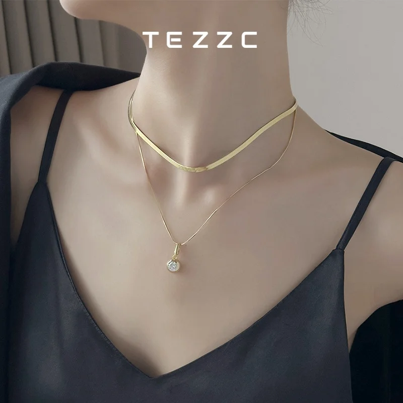 

Tezzc 1ct Moissanite Necklaces for Women Sparkling Pendant s925 Silver with Gold Plated Party Necklace Design Luxury Jewelry