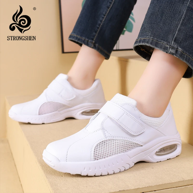 STRONGSHEN Women Shoes White Nurse Shoes Mesh Breathable Cushion Work Shoes Soft Sole Non-slip Slip-on Loafers Zapatillas Mujer