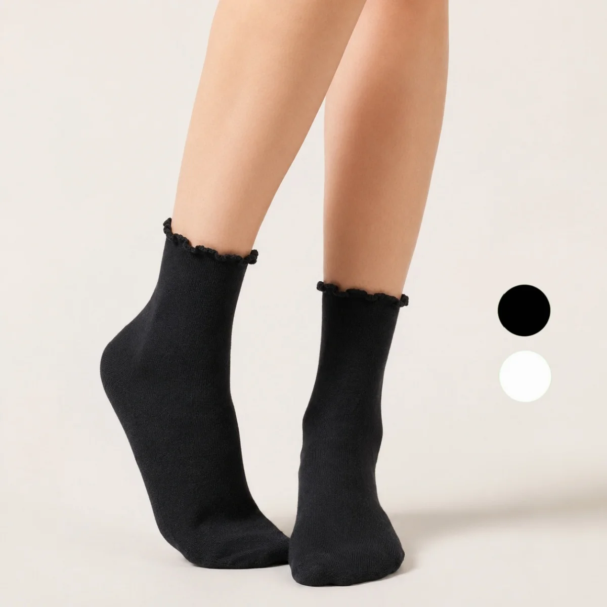 5 Pairs of Black/White Women's Mid-Calf Socks, Solid Color with Ruffled Edges, Breathable, Comfortable, Soft, Skin-Friendly, Moisture-Wicking, Gentle, Fun, Korean-Style, Cute, Casual, Suitable for Spring, Summer, Autum