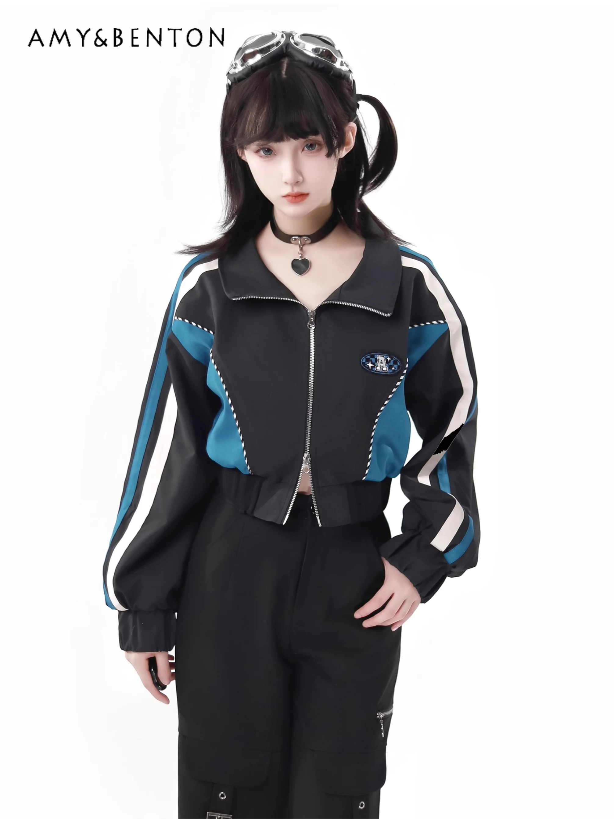 Harajuku Subculture Splicing Function Design Slim Split Outfits Y2K Patchwork Lapel Zipper Shorts Jacket Trousers Two-piece Set