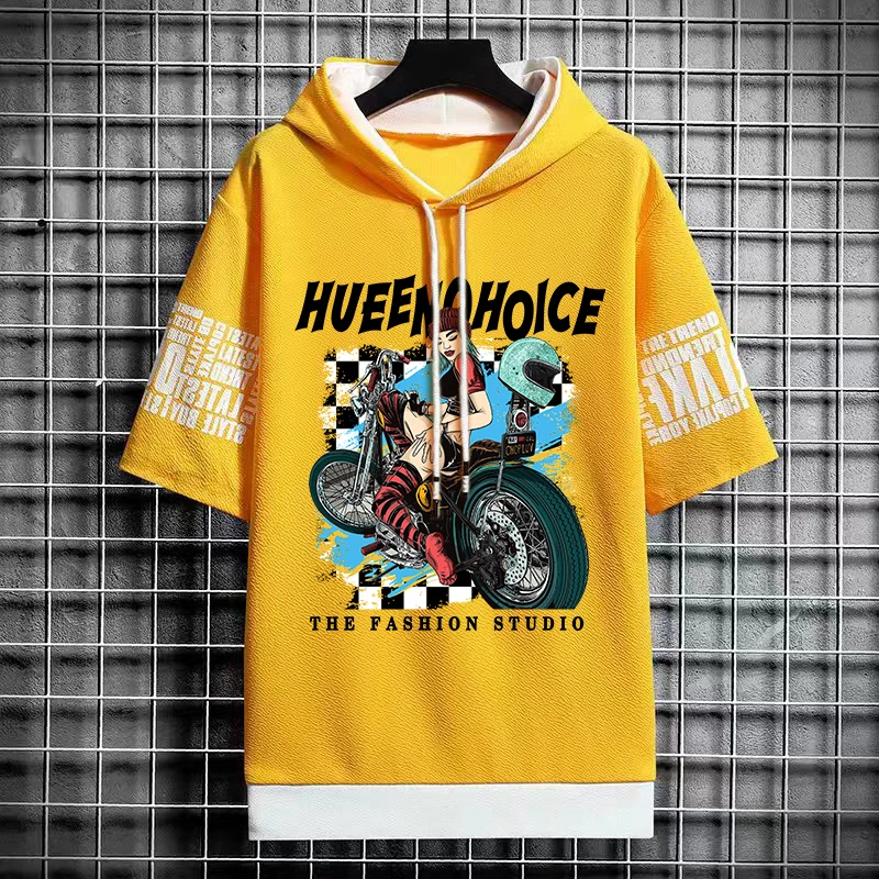 2024 Fashion Hip Hop Harajuku Short Sleeve Hoodies Summer Men Clothing Sweatshirts Streetwear Print Motorcycle Girl Hooded Tops