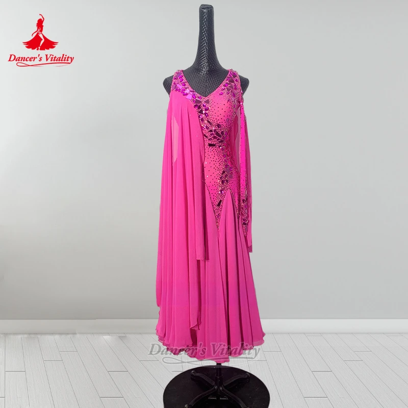 American Style Rose Color V-neck Ballroom Dance Dresses Customize Female Adult and Child Tango Contest Clothes Dancer's Vitality