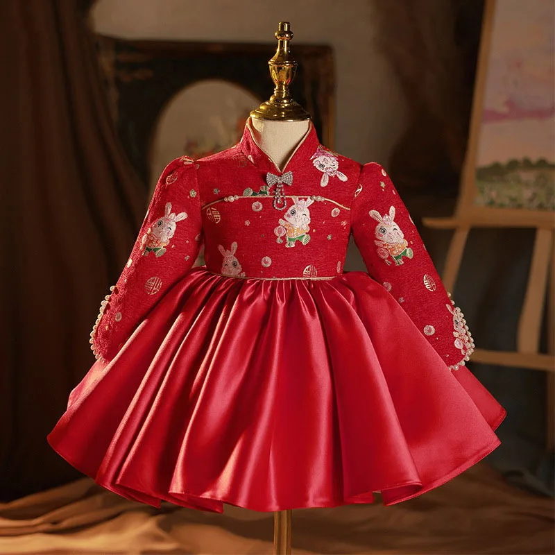 First Birthday Dress Baby Girl Winter Girl Baby Grab Weekly Dress New Year Cheongsam High-end Flower Girl Princess Dress