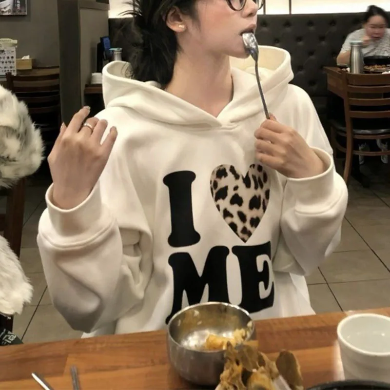 Amerikaanse herfst winter retro plus fluwelen verdikking nieuwe losse jas liefde gedrukte letter hooded sweatshirt top