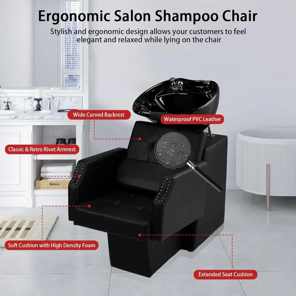 Salon Shampoo Backwash Chair, Hair Wash Stations with Large Ceramic Bowl for Barbershop Beauty Massage Hairdressing Equipment