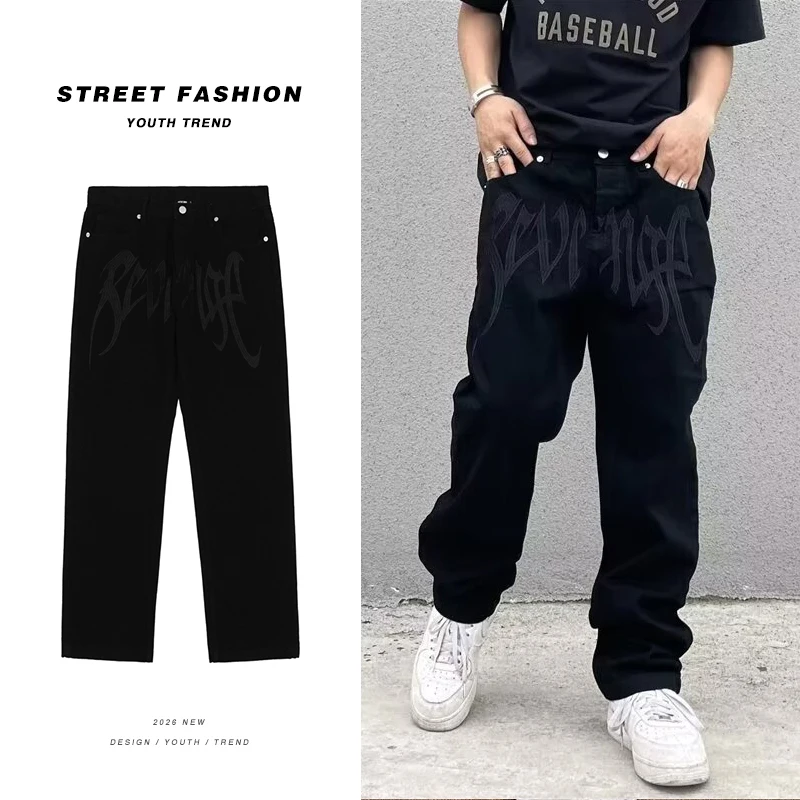 

American Loose Jeans Men's Embroidered Wide Leg Straight Black Denim Pants Rock Motorcycle Hip Hop Streetwear Spring Trousers