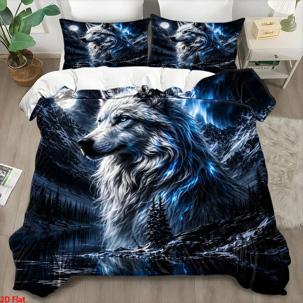 3Pc Aurora White Wolf Print Duvet Cover Set (1*Duvet Cover + 2*Pillowcases), Three-Piece Bedding Set Suitable for All Seasons, Machine Washable, Invisible Zipper Personal Bed Cover Set, Suitable for Home, Dormitory, Master Bedroom, Guest Room, Large Size Bedding Set, Nordic Style Snow Mountain Moon Night Animal Print Bedding, Hot-Selling Soft and Skin-Friendly Bedding Set, Creative Dreamy Wolf Totem Duvet Cover Set, High-Definition Digital Print Non-Slip Bed Cover Set, 2D Flat Print