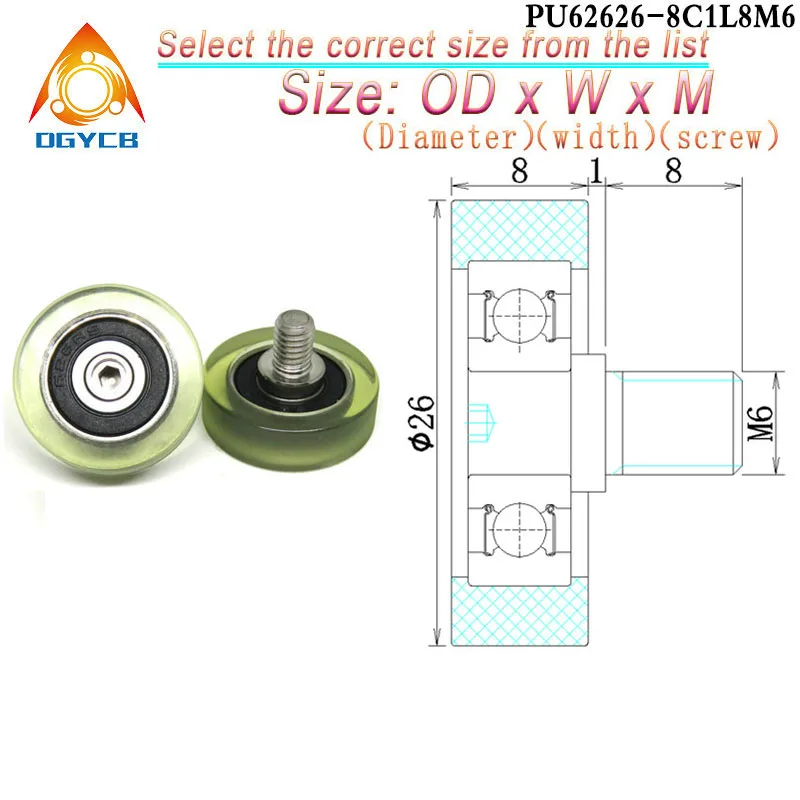 

1pcs OD 26mm High Load Externally Threaded M6 Polyurethane Covered Roller Bearing PU62626-8C1L8M6 PU Rubber Elastic Guide Wheel