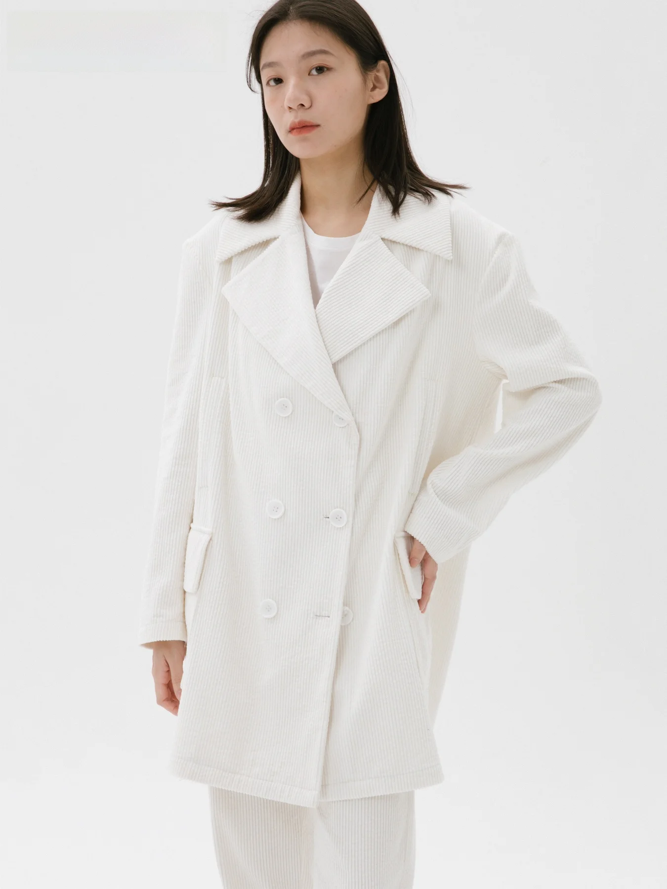 

Retro Silhouette Double-Breasted Suit Jaet Straight Cut Date Night Ele White Cotton Casual Faion Women's Coat