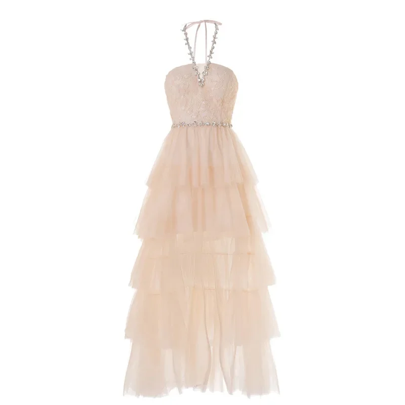 

Fairy Cake Dress 2025 Spring and Summer New Style Elegant Socialite Dinner Nail Bead Hanging Neck Daily Trendy Banquet Dress