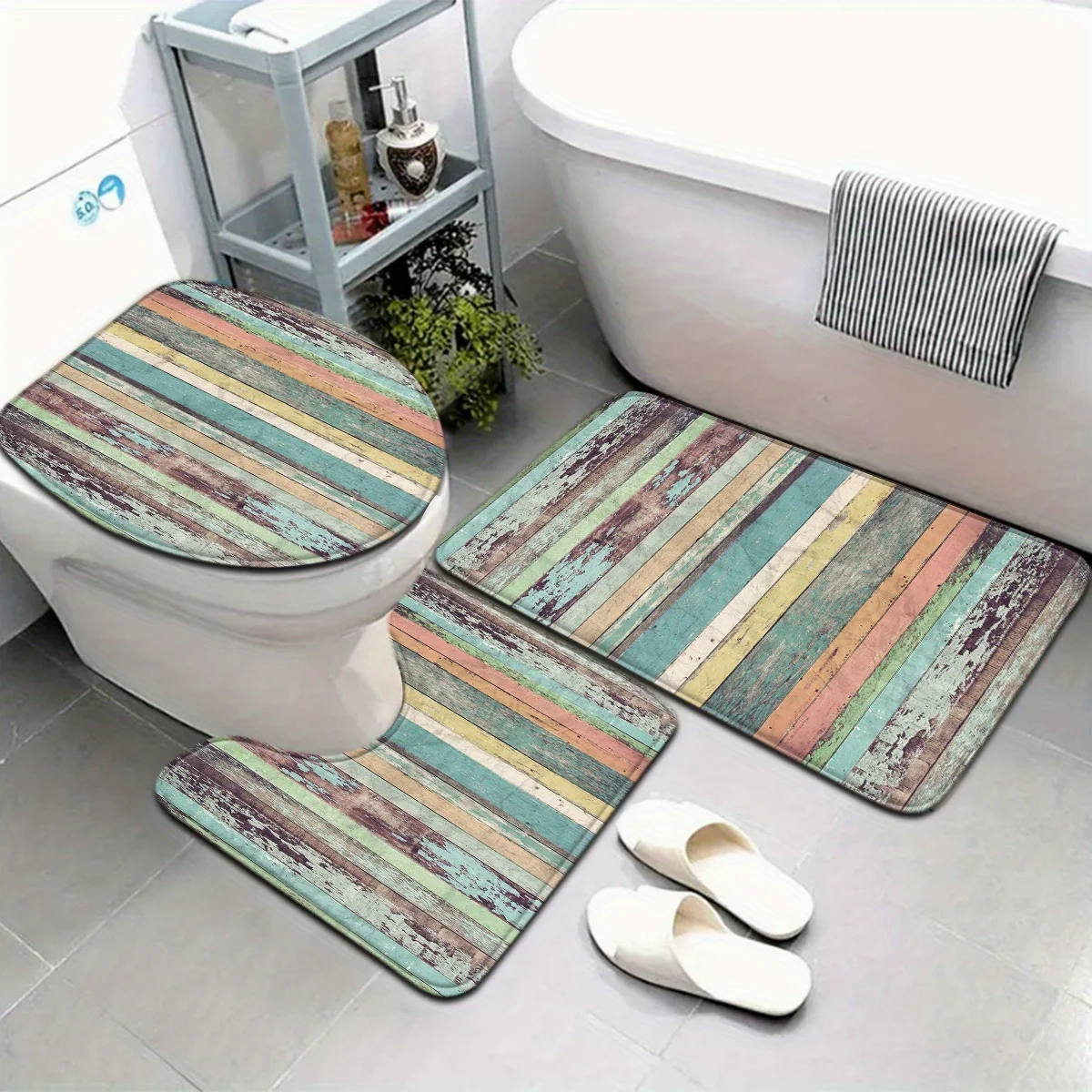 3-piece set European retro series green wood grain bathroom anti-slip mat set toilet seat cushion U-shaped foot pad
