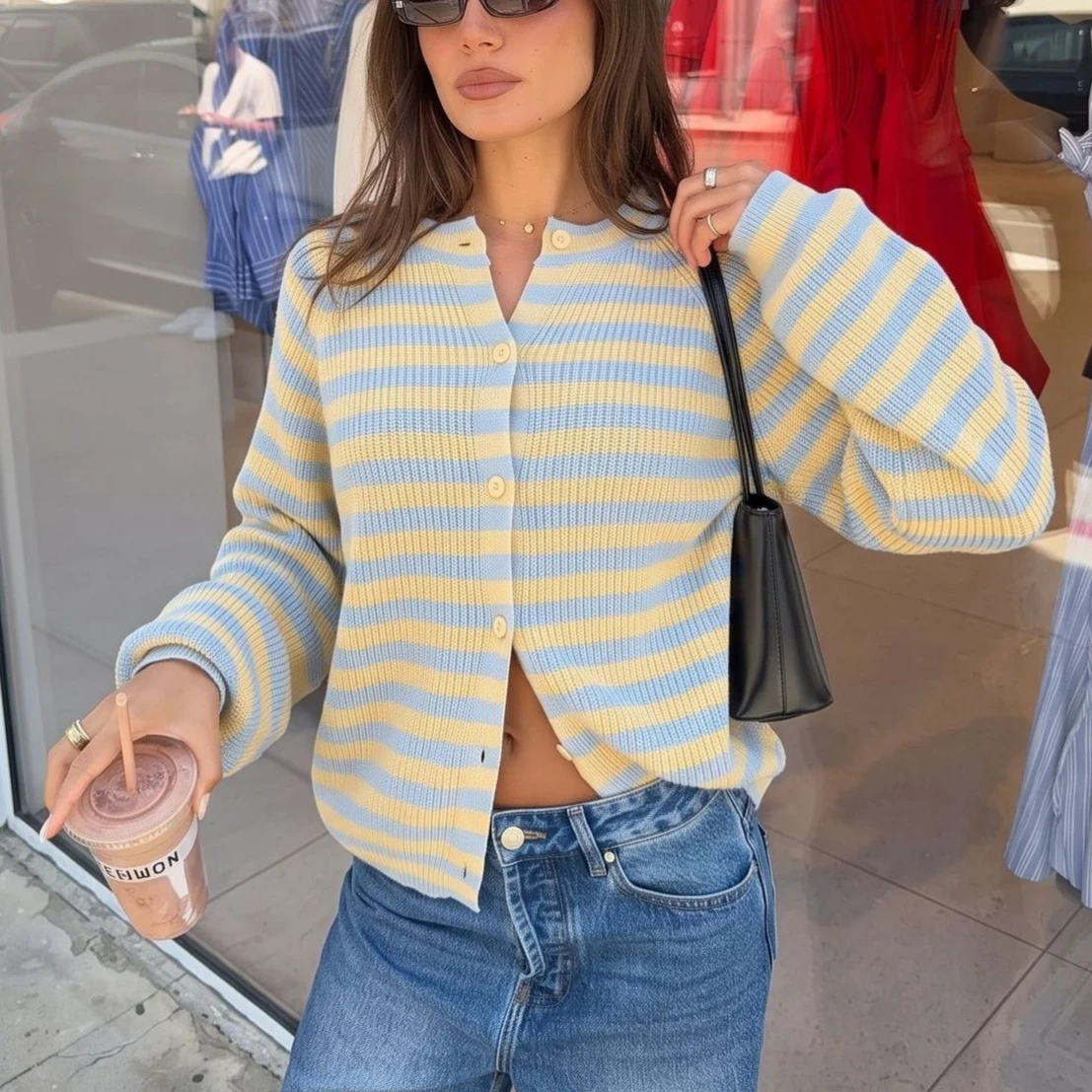 Women Knitted Cardigan Sweaters Striped Jumpers Color Blocked Round Neck Long Sleeves Single Breasted Loose Casual 2026 Autumn