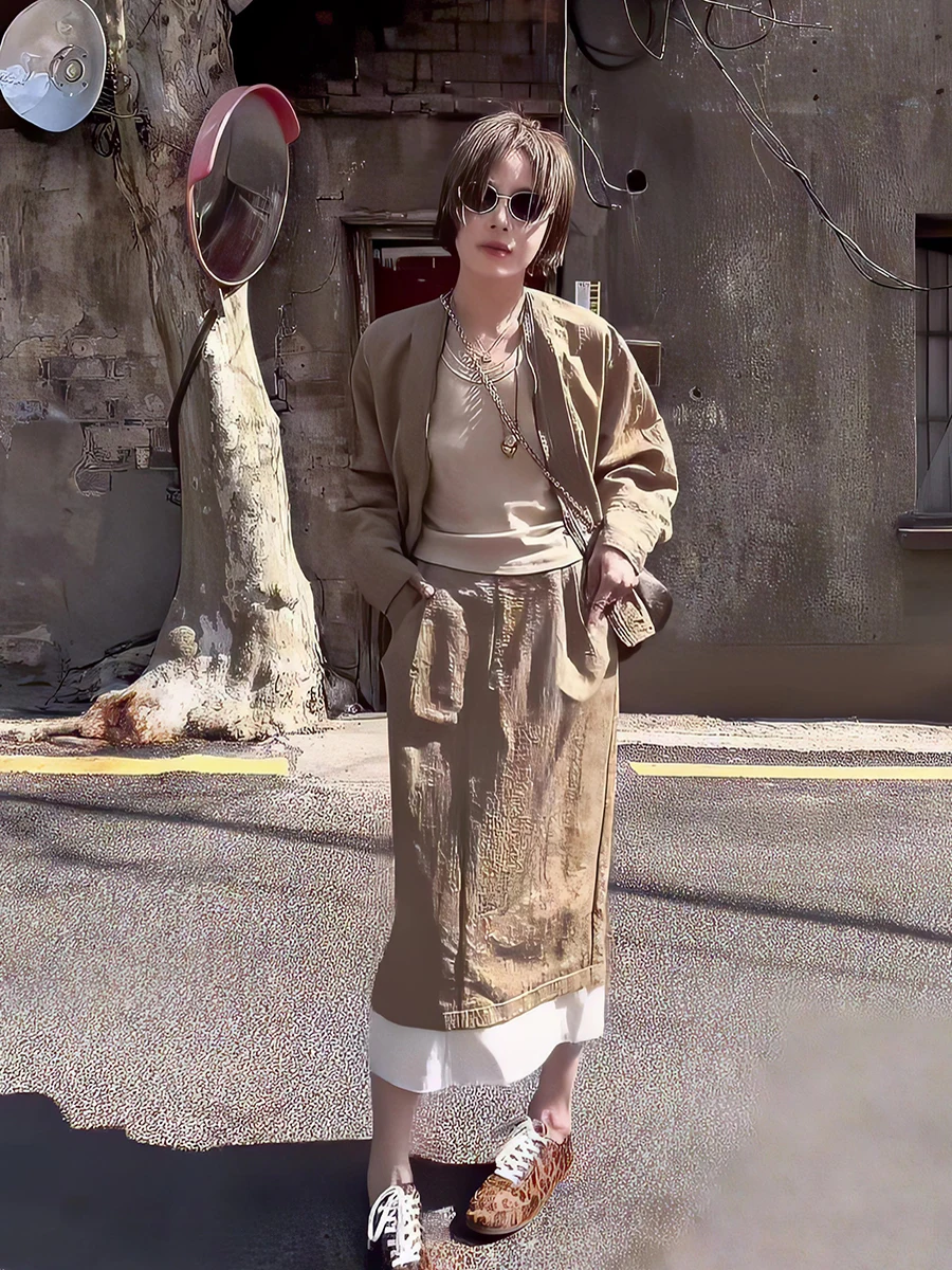 

Slimming Long Sleeve Khaki Casual Set Women's Spring New Style Outerwear Half Skirt Two Piece Set High Waist Polyester Fashion