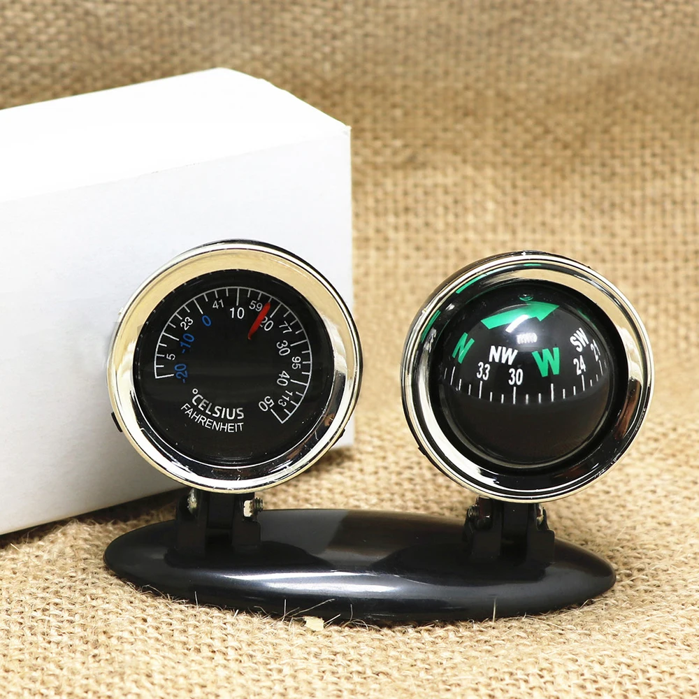 2 in 1 Car Interior Decoration Ornaments Compass Thermometer Guide Ball Dashboard Universally Auto Guide Ball Navigation Tools