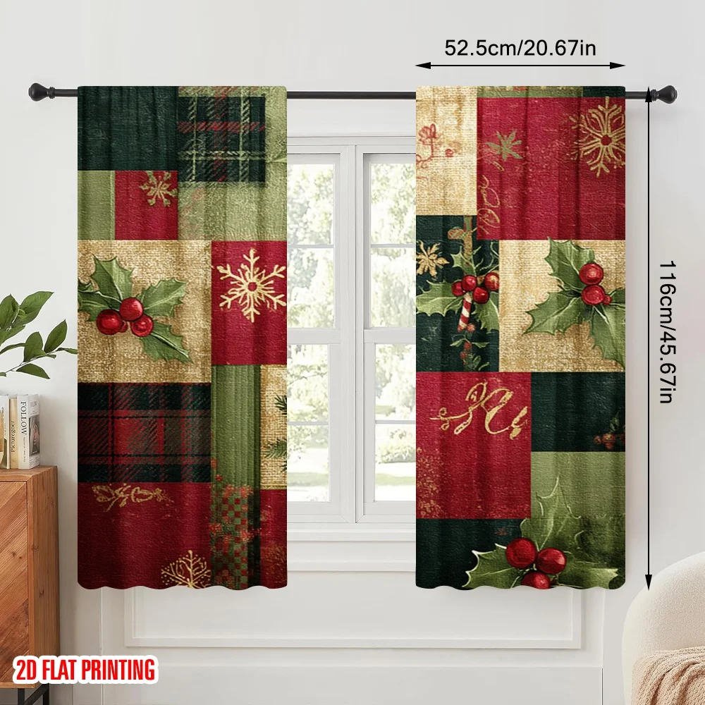 2pcs,2D plane printing Minimalist Curtains Christmas red and green check holly pine cones Versatile Polyester Fabric (without
