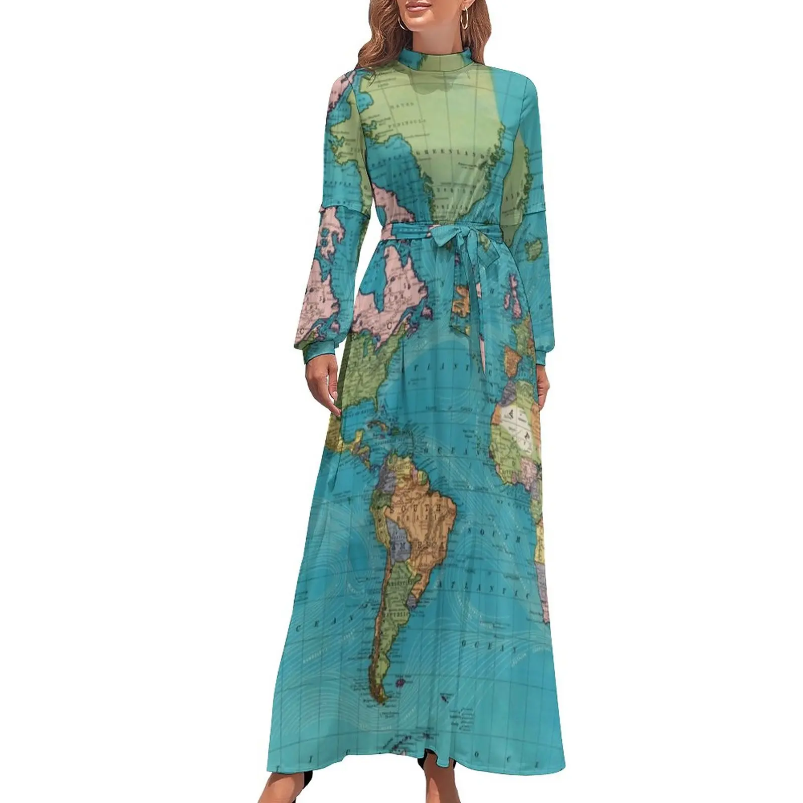 Vintage Map Print Dress The World 1897 Stylish Bohemia Dresses Female Long-Sleeve High Waist Elegant Long Maxi Dress